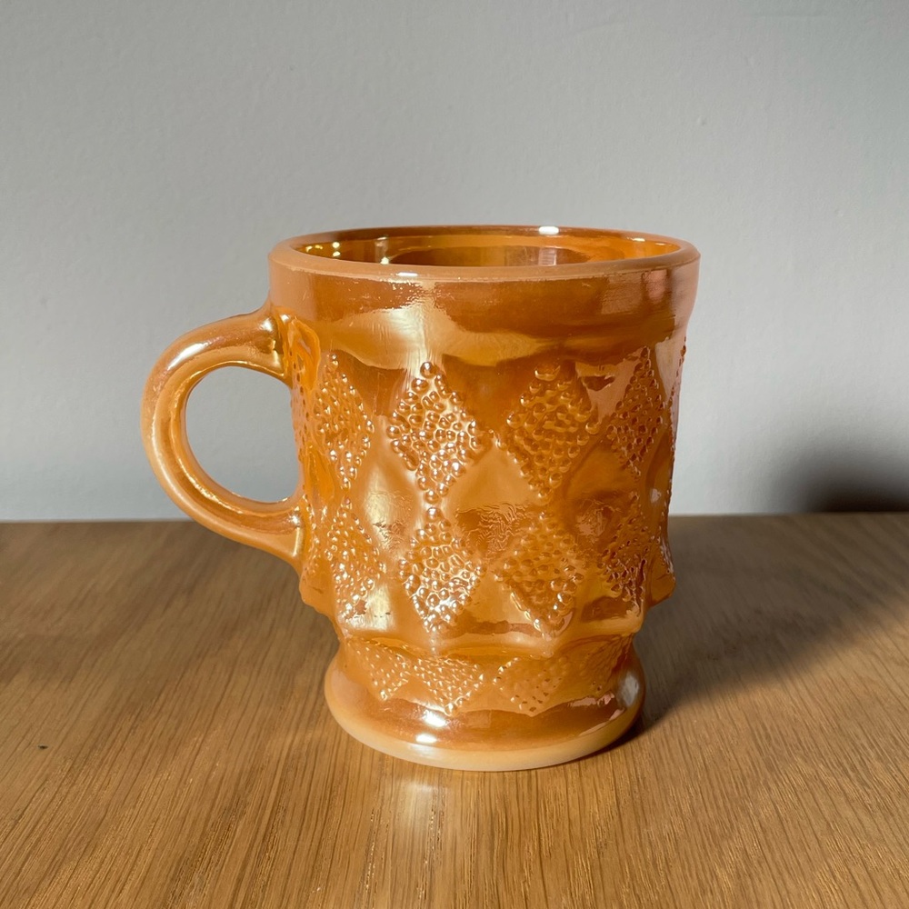 Vintage Anchor Hocking Kimberley Diamond Peach Lustre Milk Glass Mug (One)